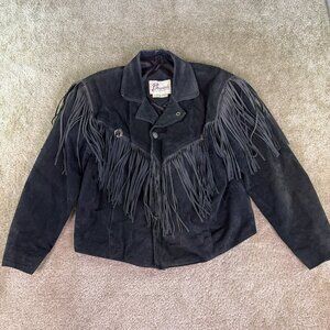 Vintage Berman’s Suede Leather Fringe Jacket Western Boho Cowgirl Pioneer Size L